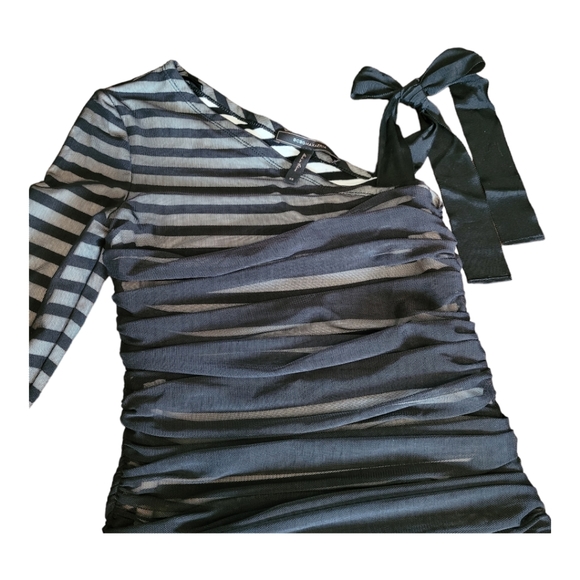 BCBGMaxAzria Dress Bodycon One-Shoulder Dress Black White Stripe Mesh Overlay XS - Picture 9 of 16